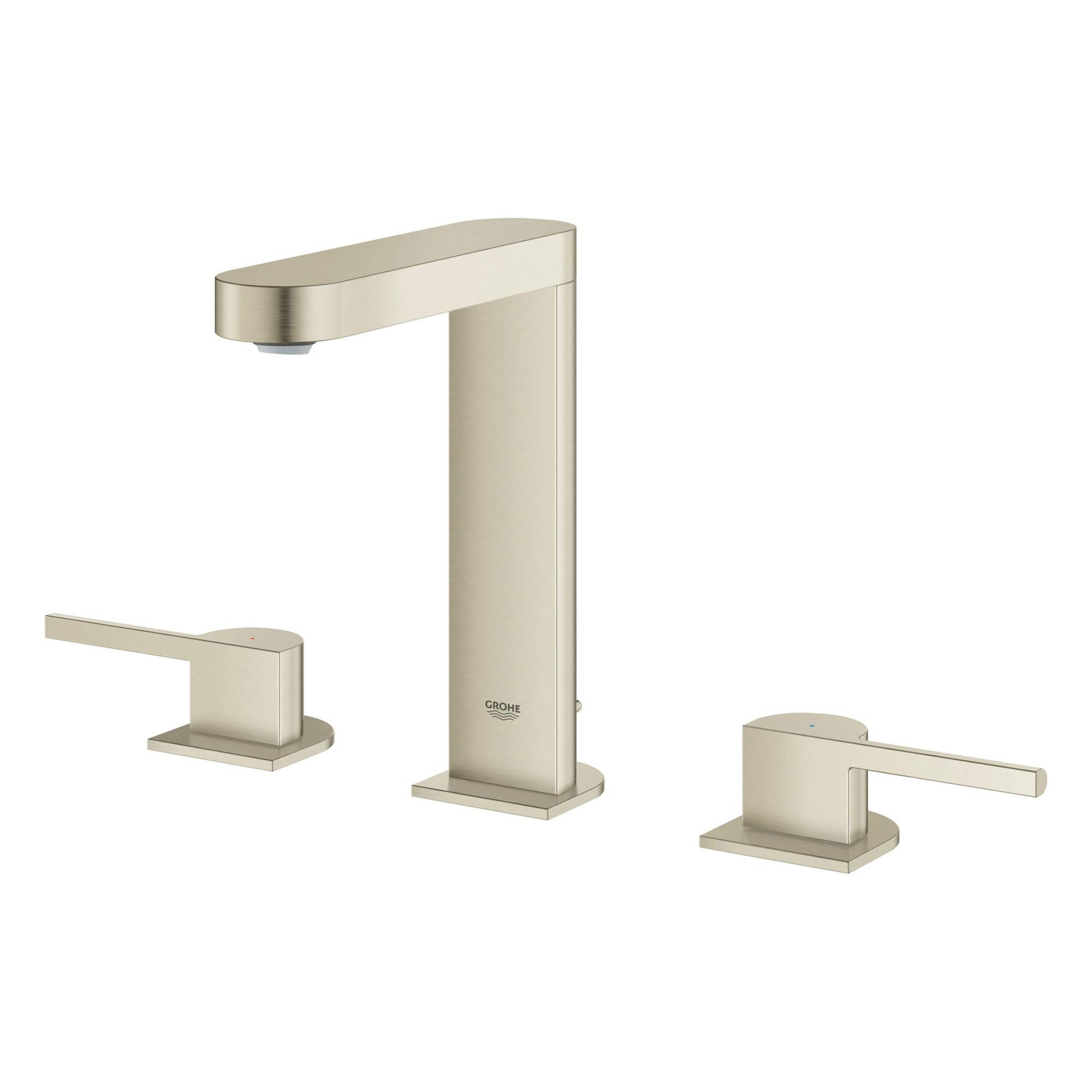 Brushed nickel three-piece bathroom faucet with tall center spout and two side handles.