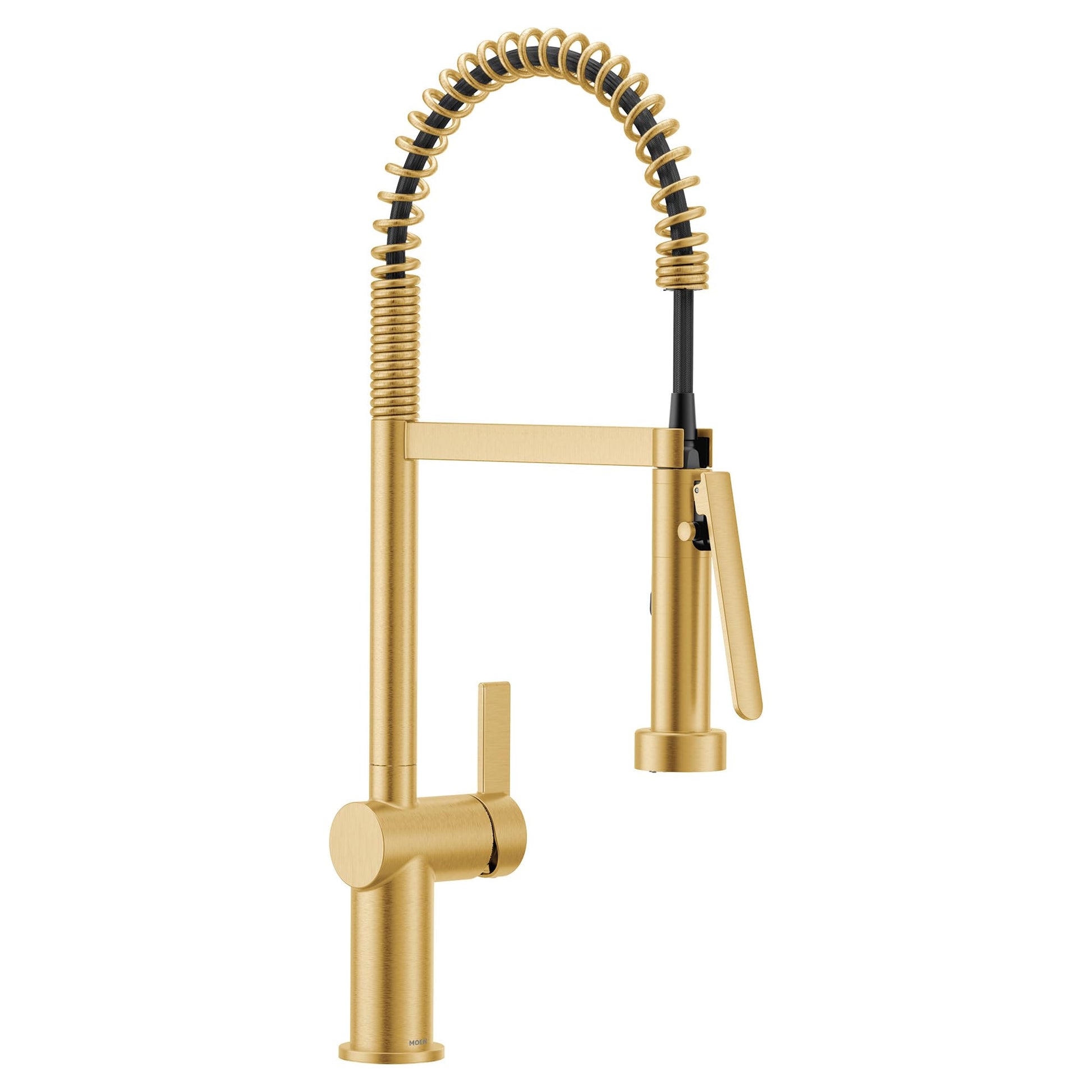 Brushed gold pre-rinse spring kitchen faucet with coiled hose and detachable spray head.