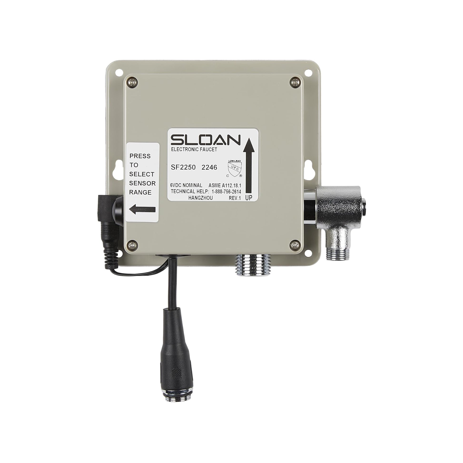 Sloan SF-2250 electronic faucet valve body with gray metal housing, sensor controls, and threaded water connections.