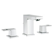 Chrome widespread bathroom faucet with two square handles and rectangular spout in center position.
