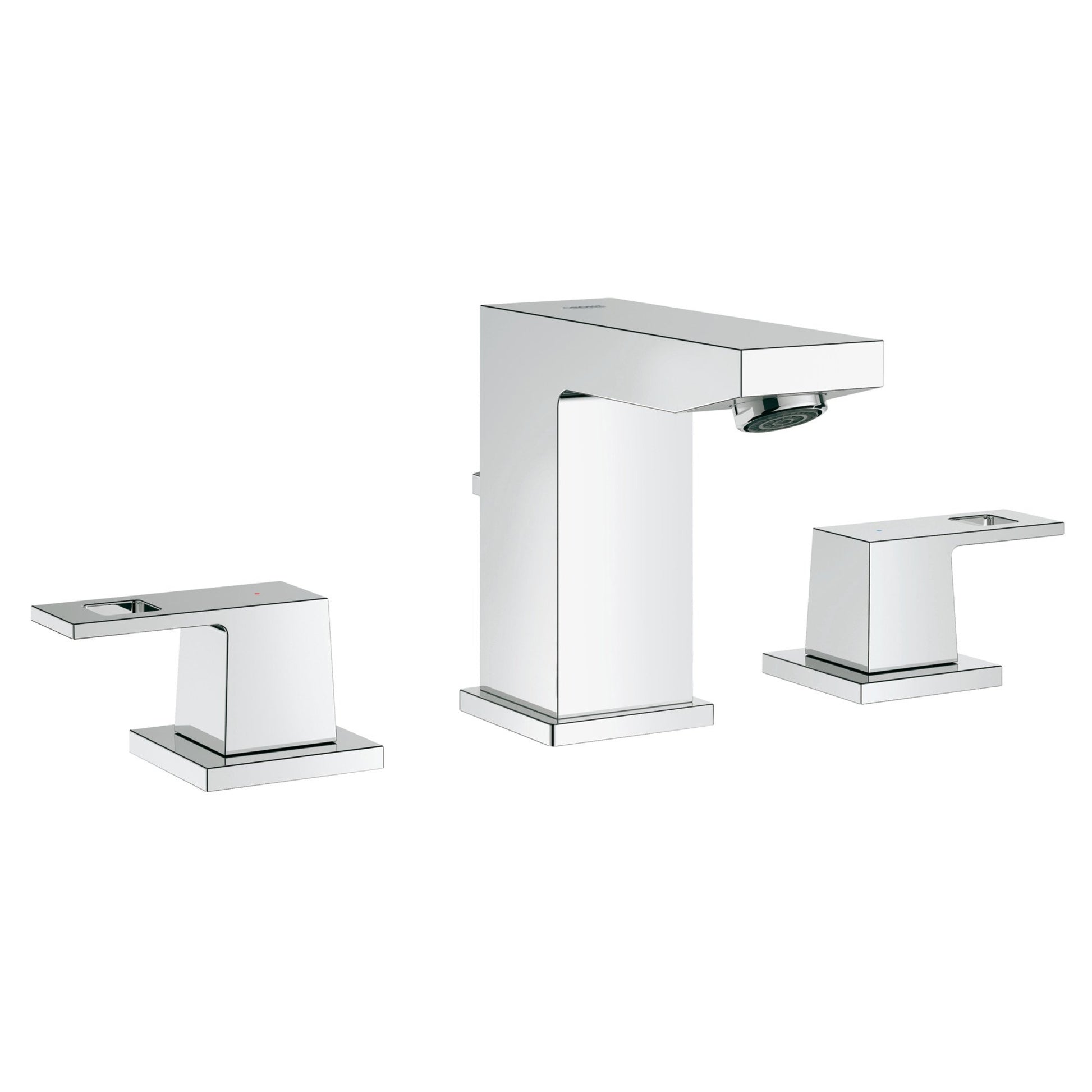 Chrome widespread bathroom faucet with two square handles and rectangular spout in center position.