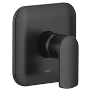 Matte black single-handle valve trim kit with rounded rectangular backplate and cylindrical handle lever.
