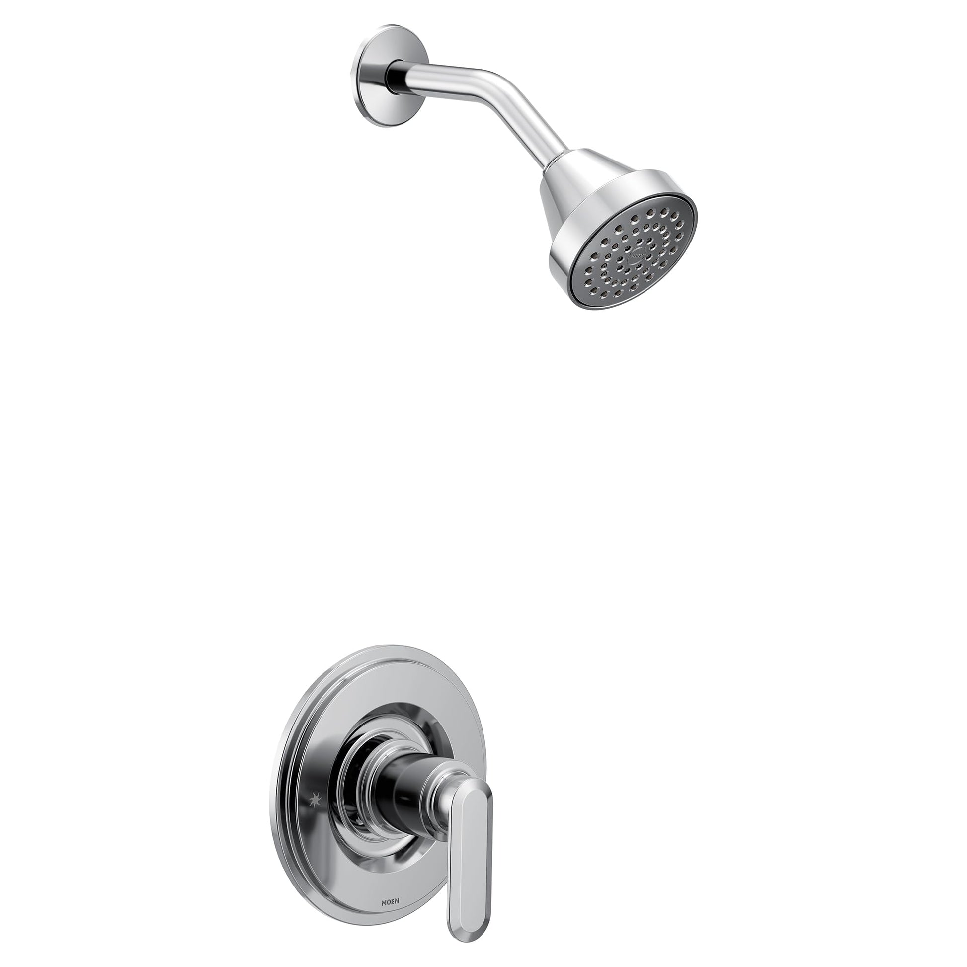 Chrome tub and shower faucet with single lever handle, curved spout, and round shower head with spray ports.