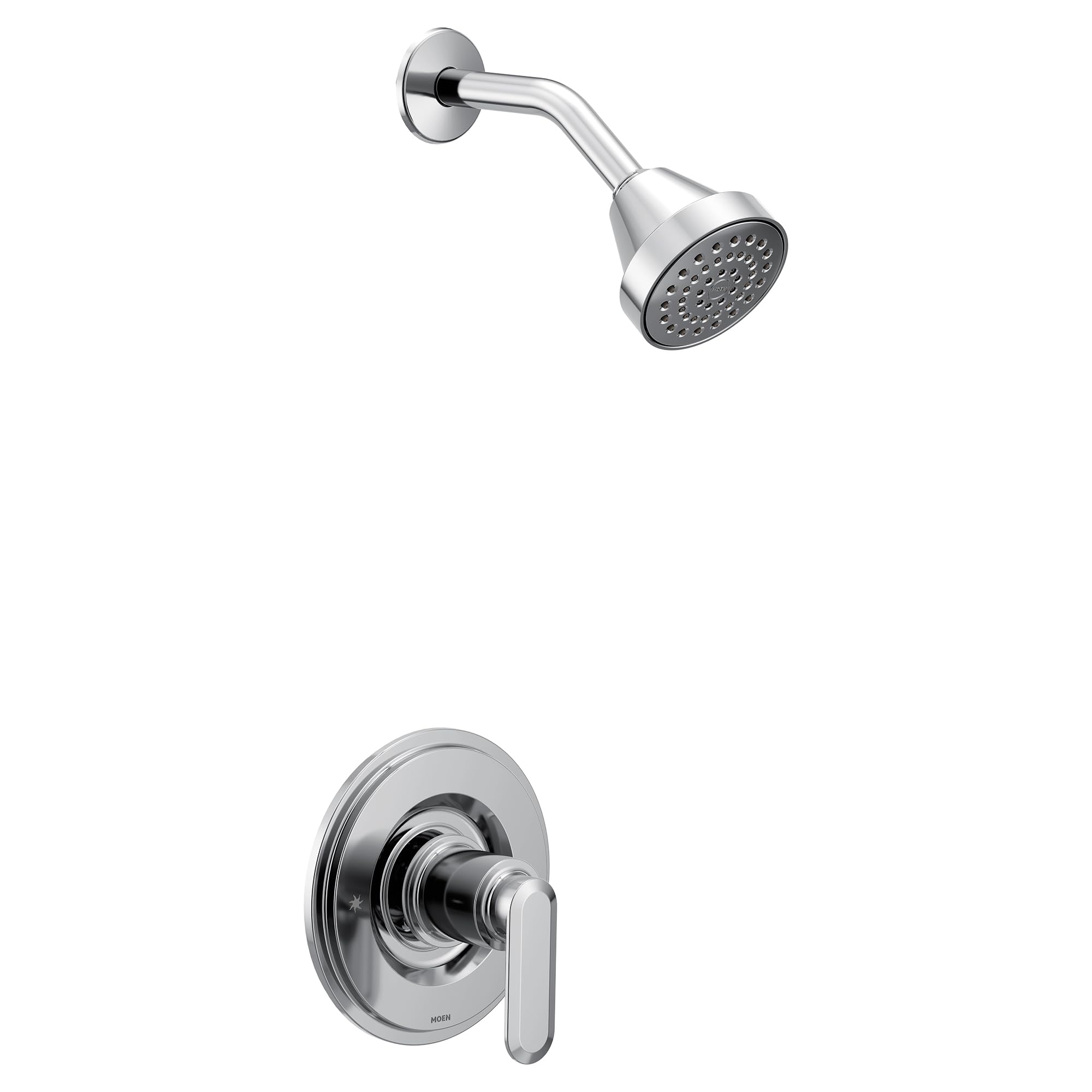 Chrome tub and shower faucet with single lever handle, curved spout, and round shower head with spray ports.