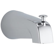 Chrome tub spout with pull-up diverter and rounded curved spout design.