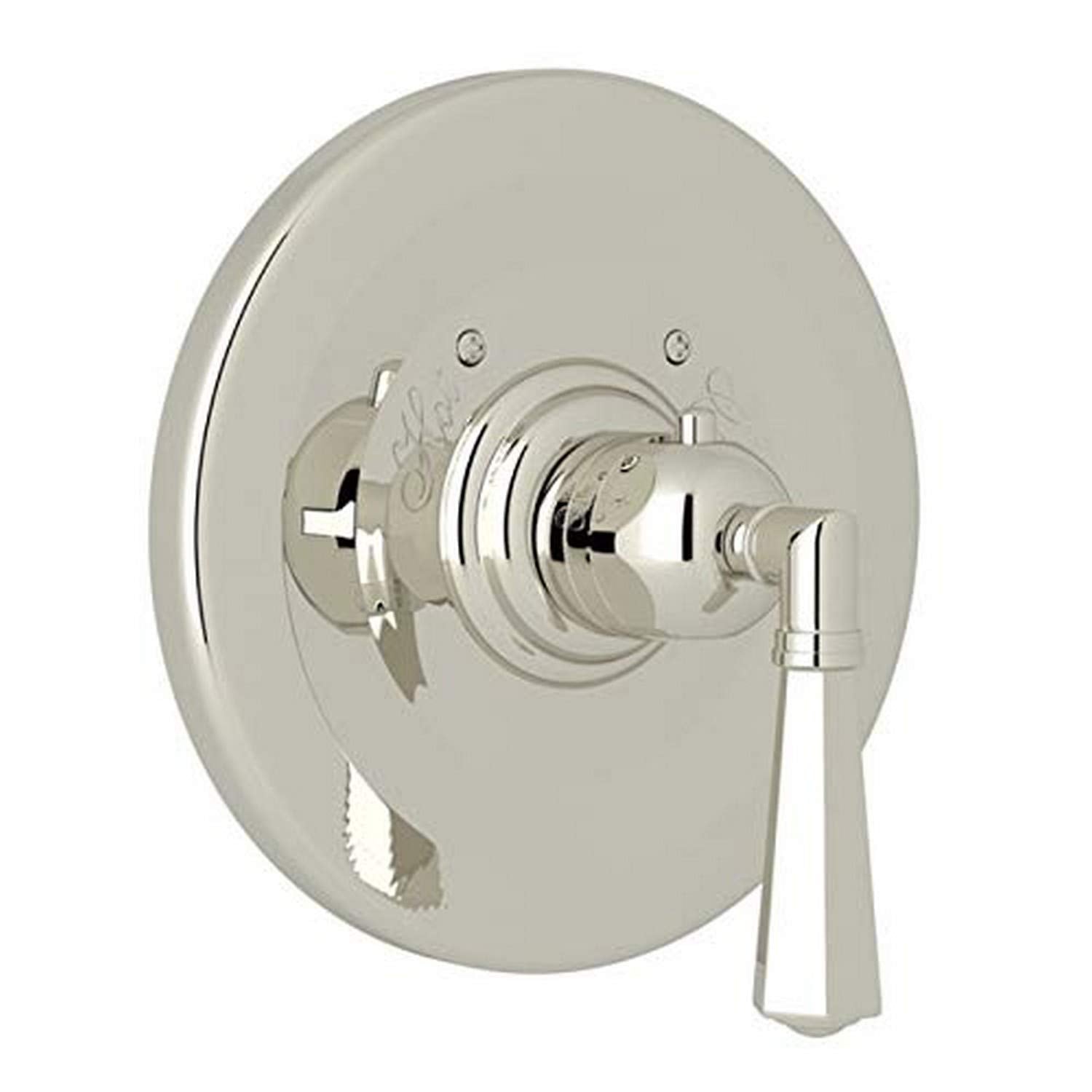 Polished nickel thermostatic shower trim with round escutcheon plate and single lever handle.