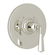 Polished nickel thermostatic shower trim with round escutcheon plate and single lever handle.