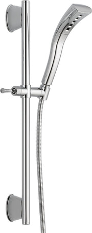 Chrome hand shower with angled head and multiple jets, mounted on vertical slide bar with hose and wall brackets.