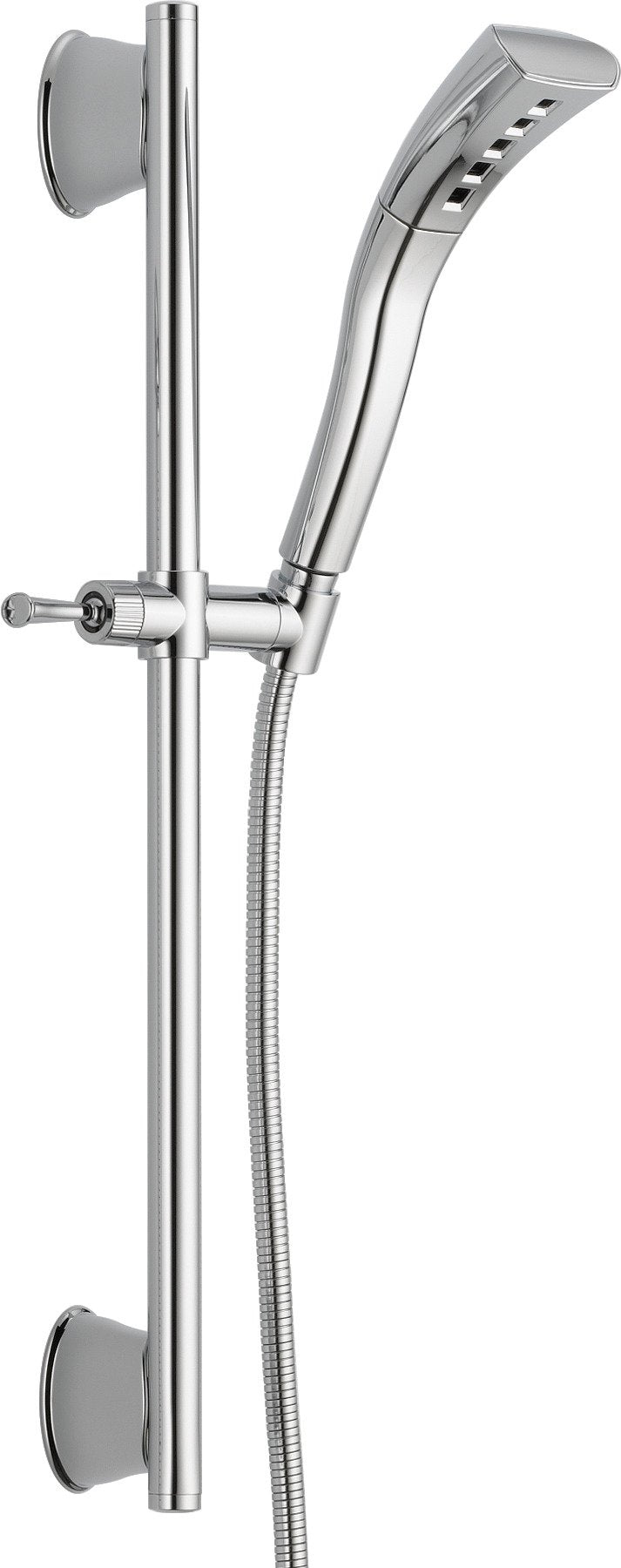 Chrome hand shower with angled head and multiple jets, mounted on vertical slide bar with hose and wall brackets.