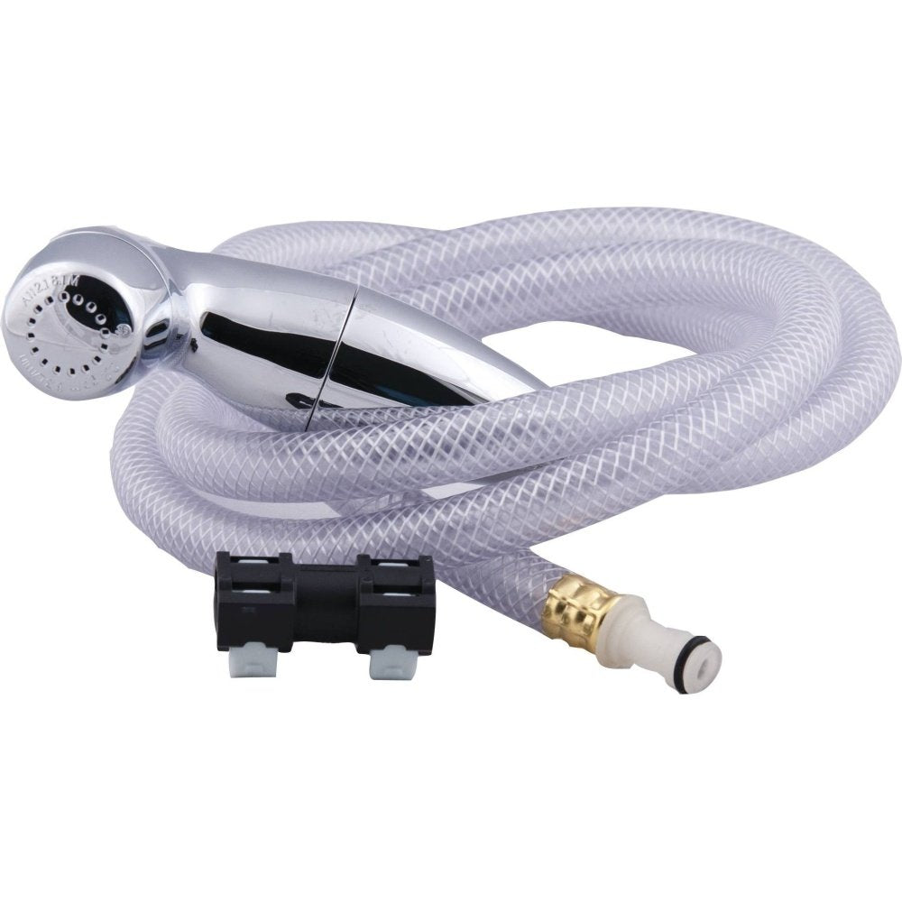 Chrome spray head with multiple spray settings connected to white braided hose and black connector clip with brass fitting.