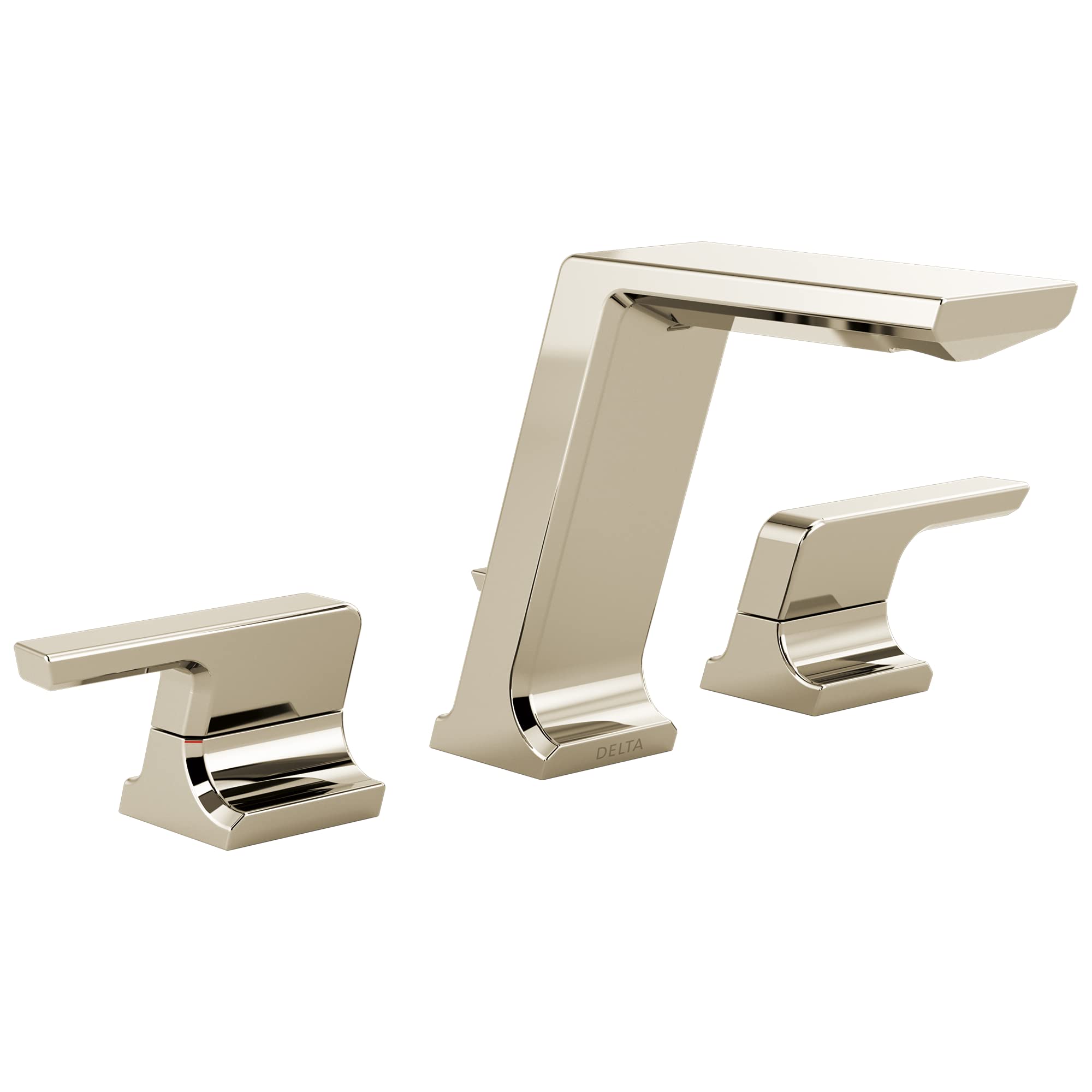 Polished nickel widespread bathroom faucet with two lever handles, tall center spout, and matching pop-up drain assembly.
