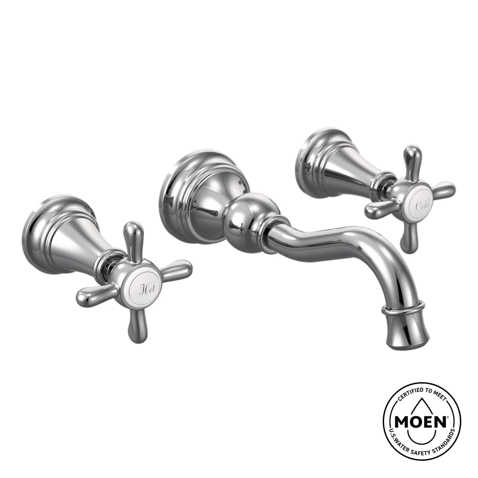 Brushed gold wall-mount bathroom faucet with high arc spout and two cross handles.