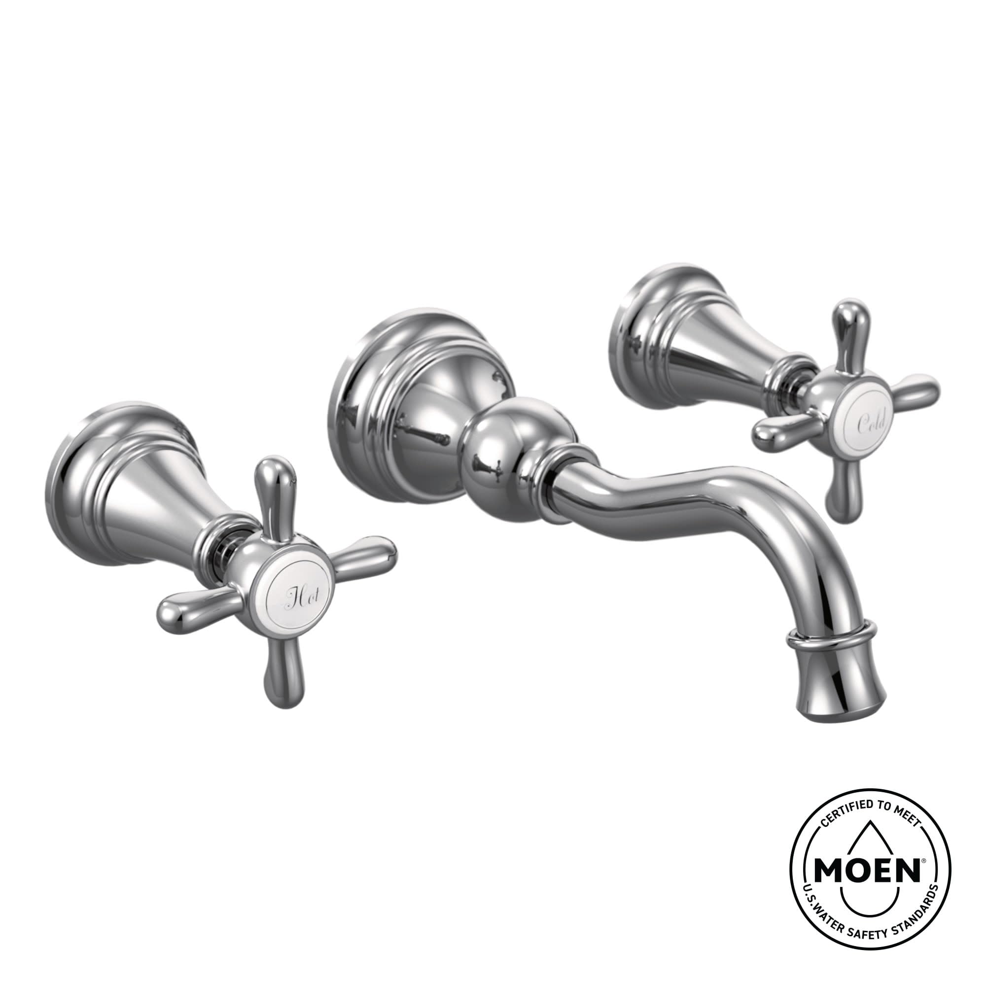 Brushed gold wall-mount bathroom faucet with high arc spout and two cross handles.