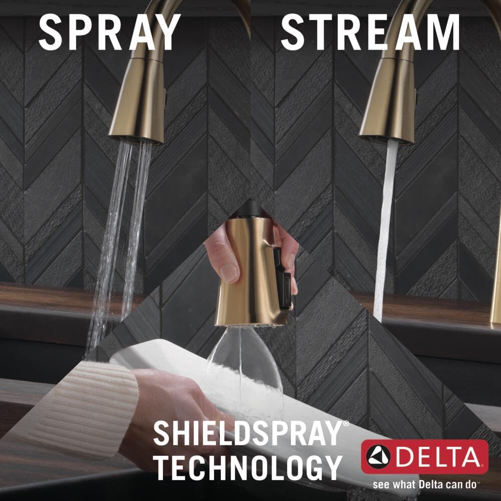Champagne bronze single-handle pull-down kitchen faucet with spray and stream water modes demonstrated.