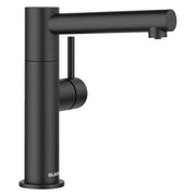 Matte black single-handle beverage faucet with cylindrical spout and round control lever on vertical base.