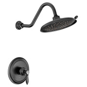 Matte black shower trim kit with curved wall-mounted arm, oval showerhead with perforated pattern, and round valve trim with 