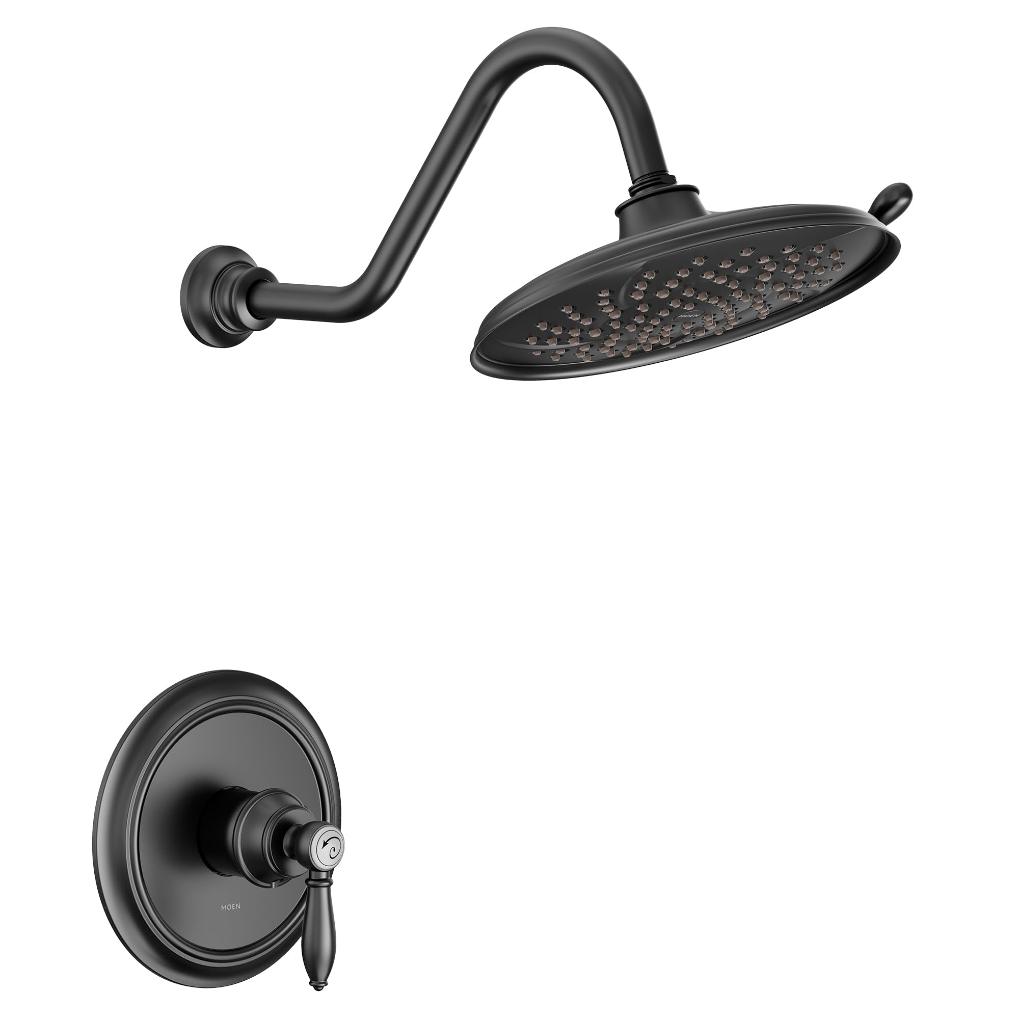 Matte black shower trim kit with curved wall-mounted arm, oval showerhead with perforated pattern, and round valve trim with 