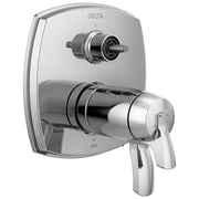 Lumicoat chrome Delta Stryke thermostatic diverter trim with single lever handle and three-function diverter cartridge.