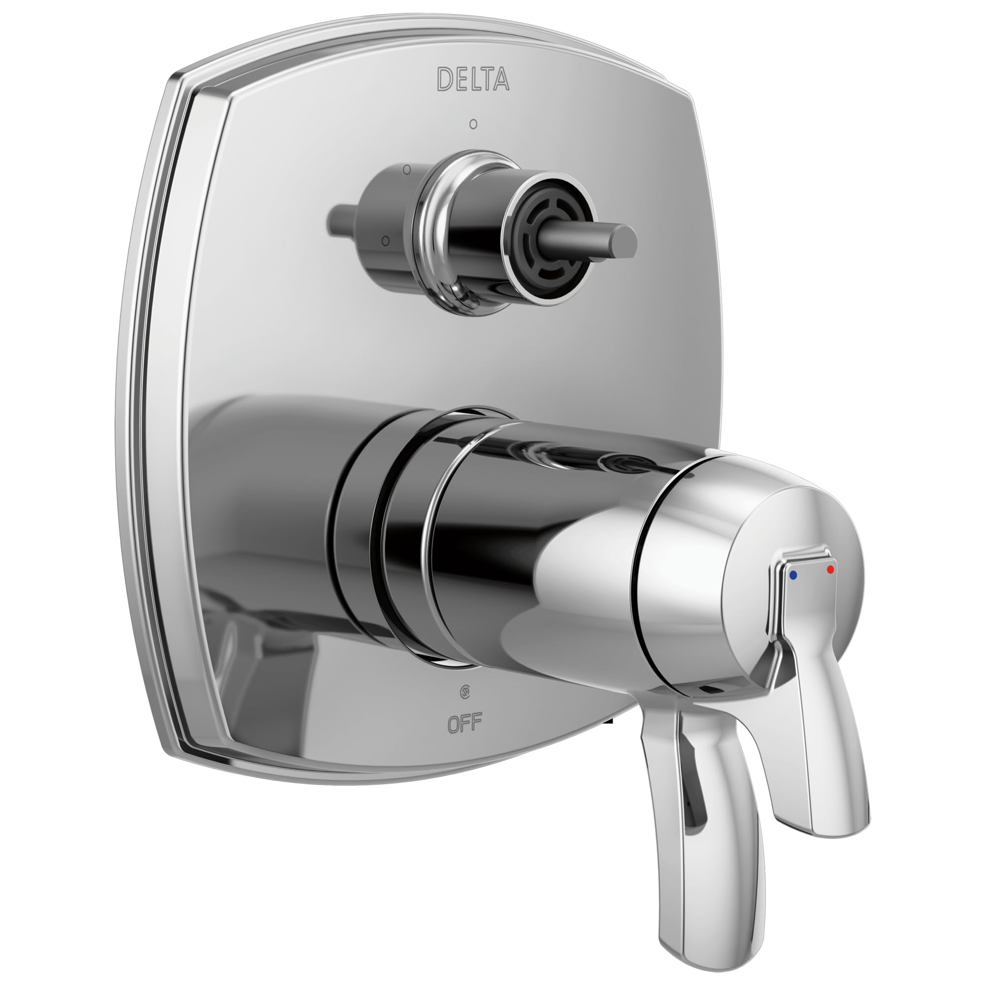 Lumicoat chrome Delta Stryke thermostatic diverter trim with single lever handle and three-function diverter cartridge.