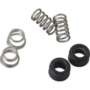 Stainless steel coil springs and black rubber valve seats displayed separately against white background.