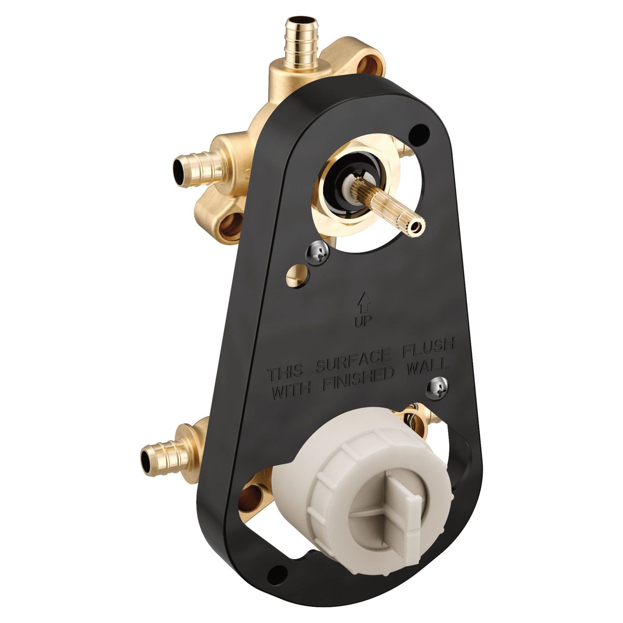 Brass transfer valve with black trim plate, PEX connections, and white cartridge for multi-outlet shower systems.