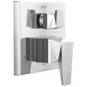 Chrome two-handle shower valve trim with diverter control and off setting, mounted on white square plate.