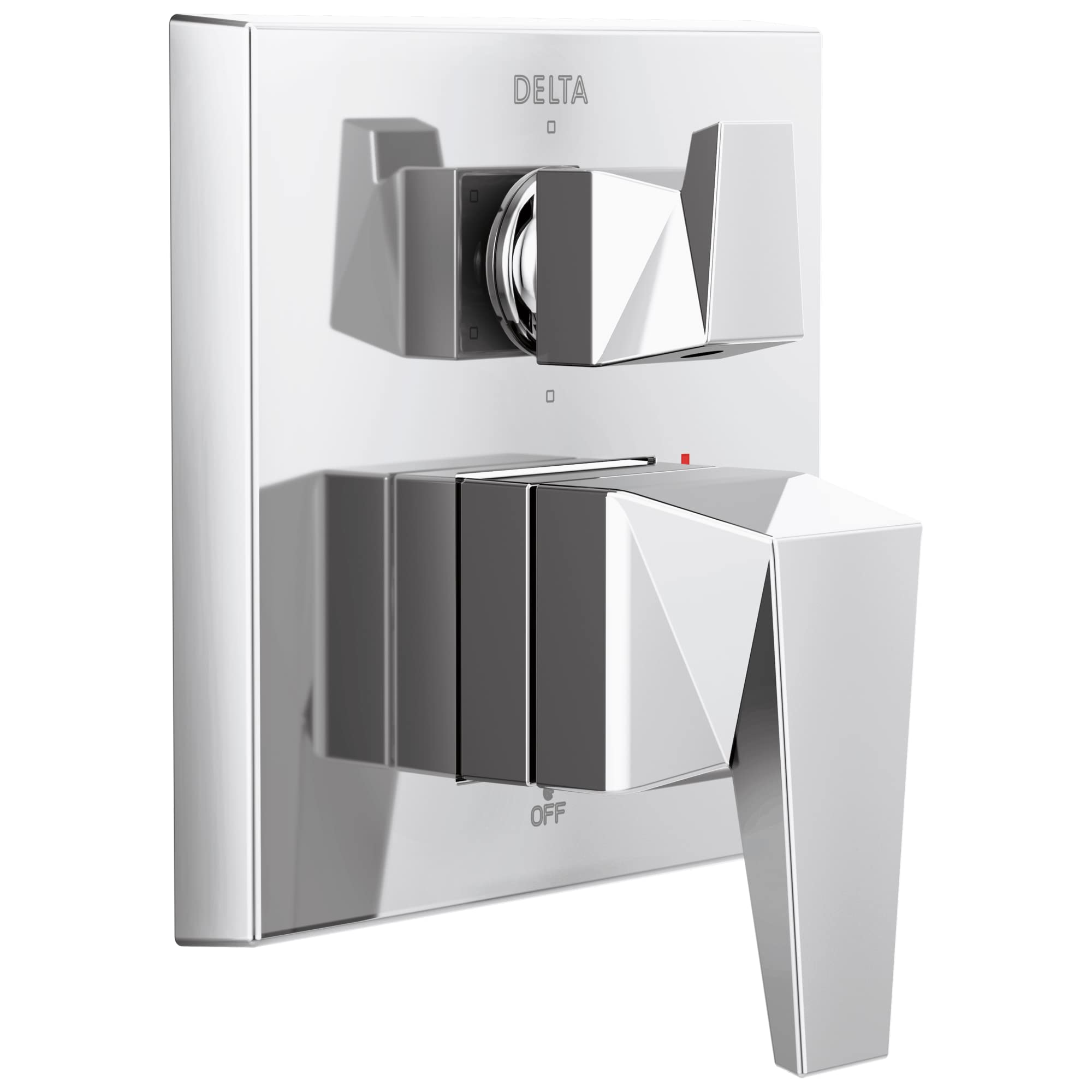 Chrome two-handle shower valve trim with diverter control and off setting, mounted on white square plate.