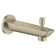 Brushed nickel tub spout with diverter and cylindrical lever handle mounted on round wall flange.