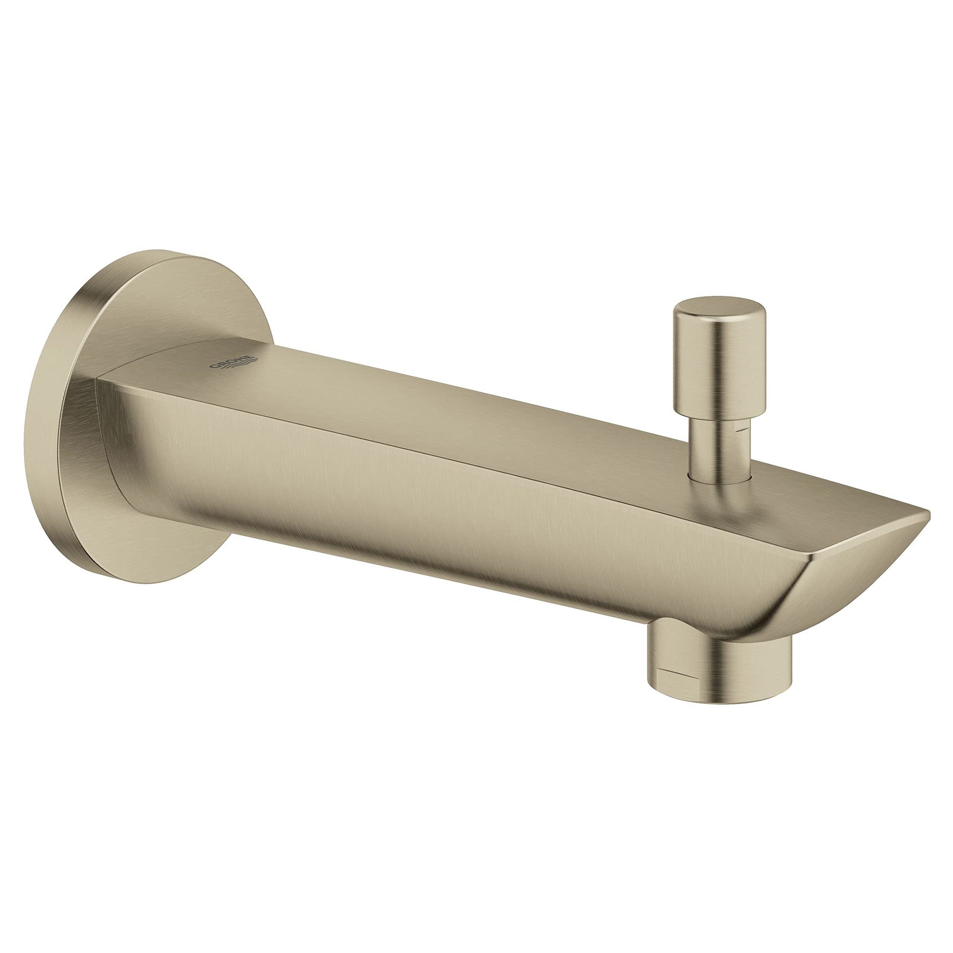 Brushed nickel tub spout with diverter and cylindrical lever handle mounted on round wall flange.
