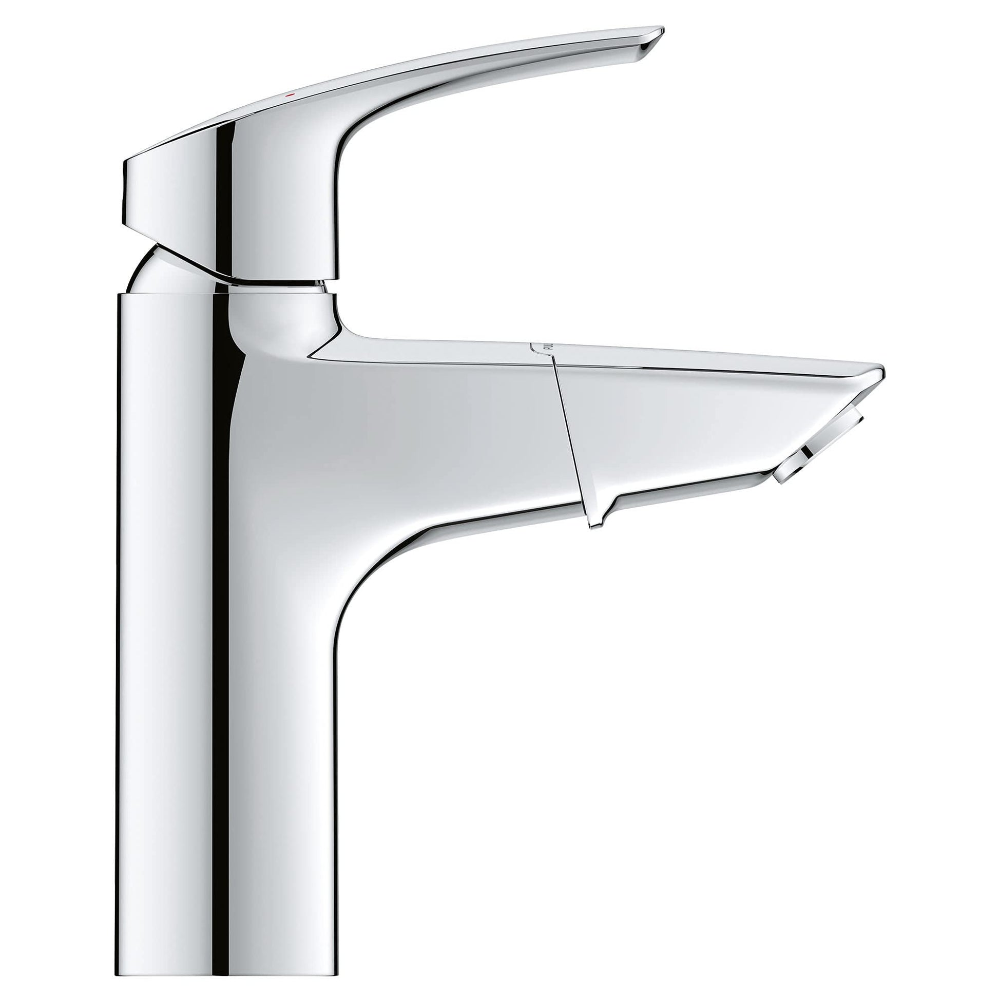 Chrome single-handle bathroom faucet with curved spout and pull-out spray head.