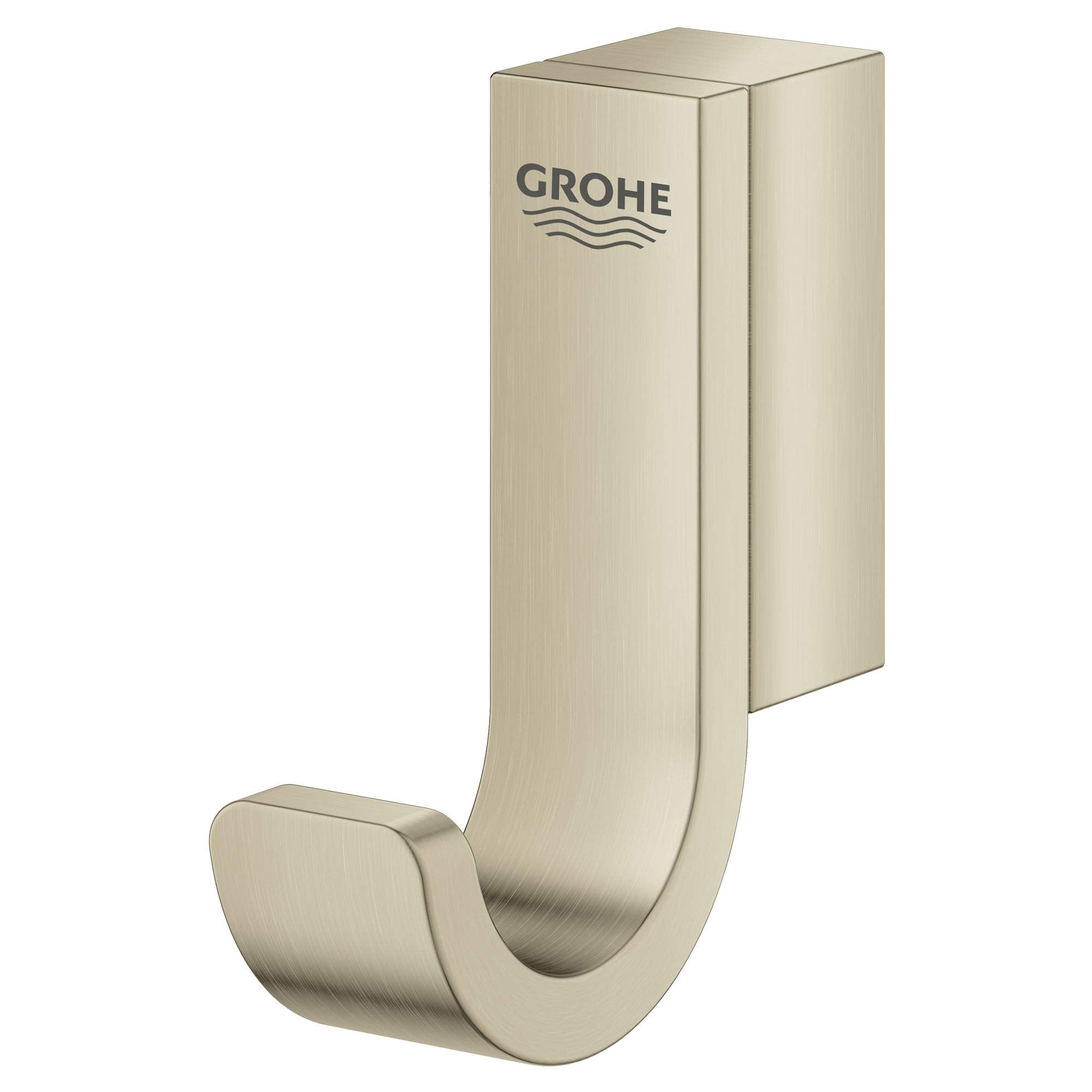 Grohe Selection brushed nickel robe hook with rectangular mounting plate and curved hook arm.