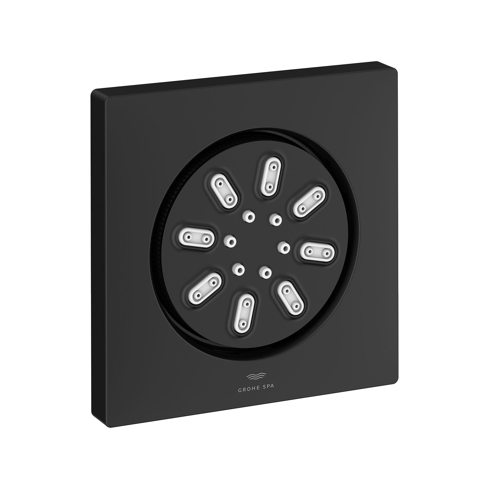 Matte black square body spray with circular faceplate containing multiple jet nozzles arranged in a pattern.