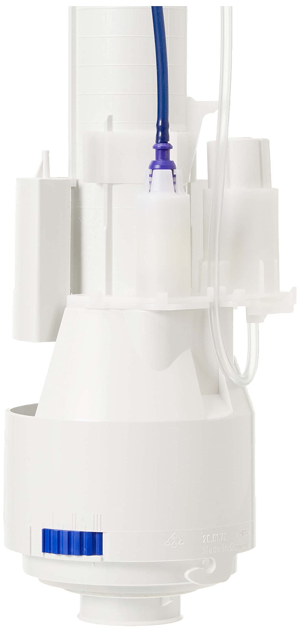 Grohe pneumatic outlet valve with white plastic body, blue and white tubing, and chrome internal components.