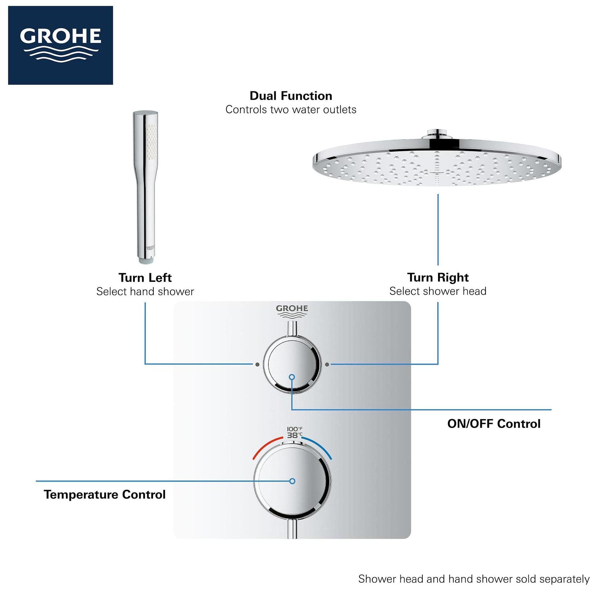 Grohe thermostatic valve trim with two circular controls for temperature and on/off, hand shower wand, and overhead shower he