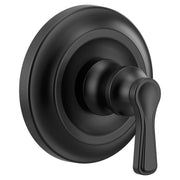 Matte black single-handle valve trim with round escutcheon plate and lever handle.