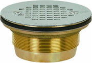 Brass modular shower drain with slotted stainless steel cover and threaded collar connection.