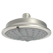 Satin nickel round shower head with multiple spray jets and chrome-trimmed rim, mounted on angled arm.