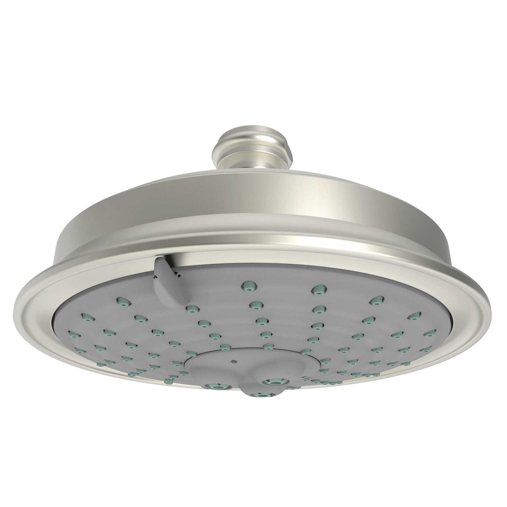 Satin nickel round shower head with multiple spray jets and chrome-trimmed rim, mounted on angled arm.