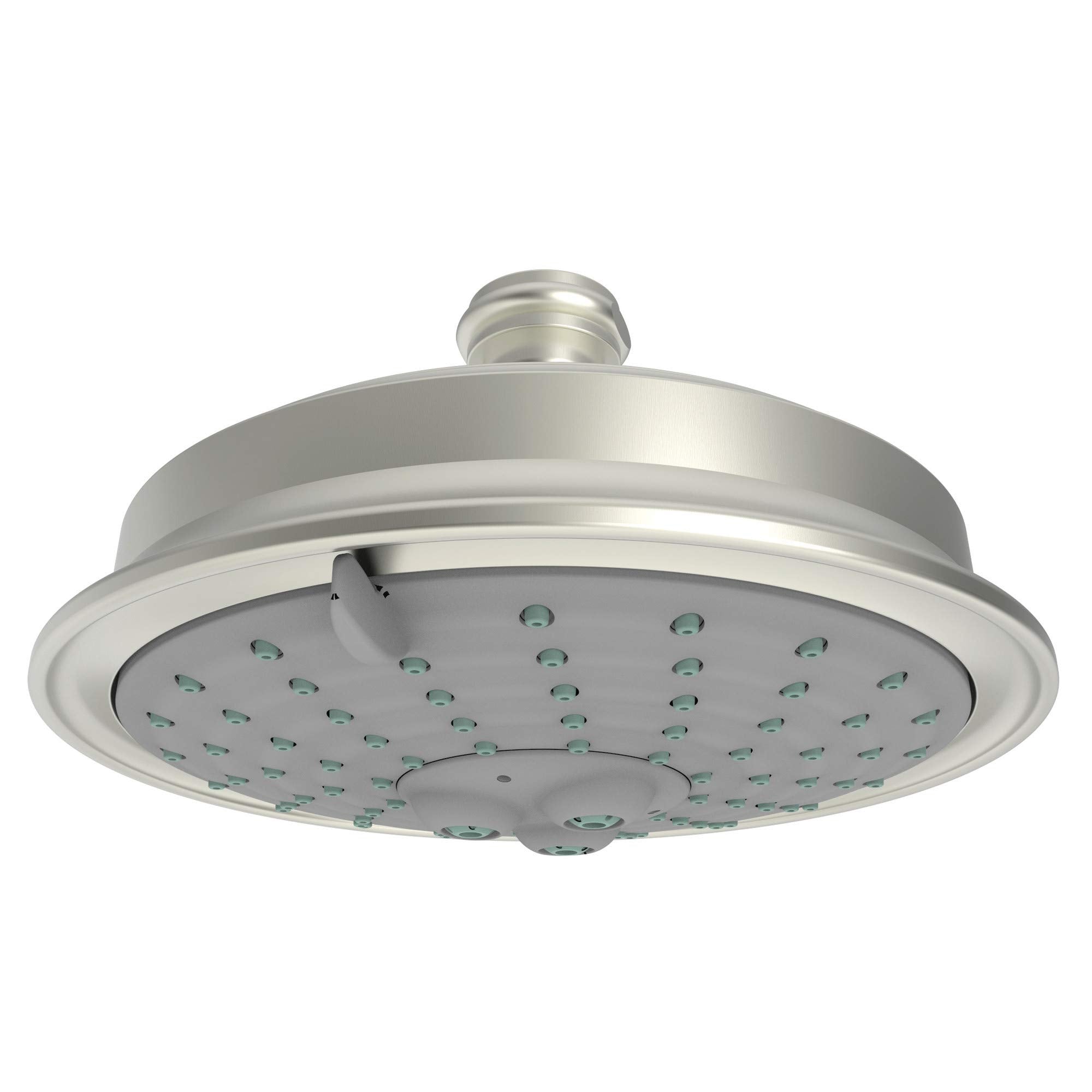 Satin nickel round shower head with multiple spray jets and chrome-trimmed rim, mounted on angled arm.