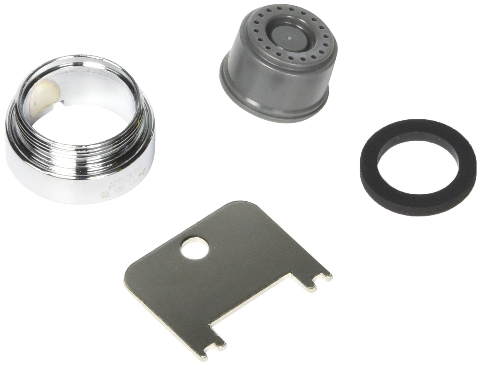 Chrome aerator assembly with gray spray head, black gasket ring, and installation wrench shown disassembled.