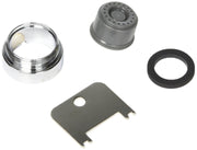 Chrome aerator assembly with gray spray head, black gasket ring, and installation wrench shown disassembled.