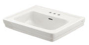 White rectangular bathroom sink with faucet holes and integrated basin, viewed from above at an angle.