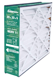 GeneralAire 20x20x5 furnace media air filter with white pleated filter material and green product label on side.
