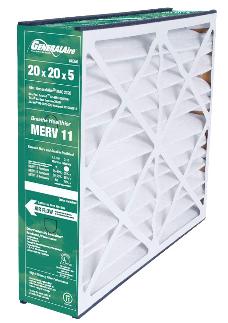 GeneralAire 20x20x5 furnace media air filter with white pleated filter material and green product label on side.
