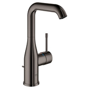 Dark graphite single-handle bathroom faucet with tall curved spout and cylindrical lever handle.