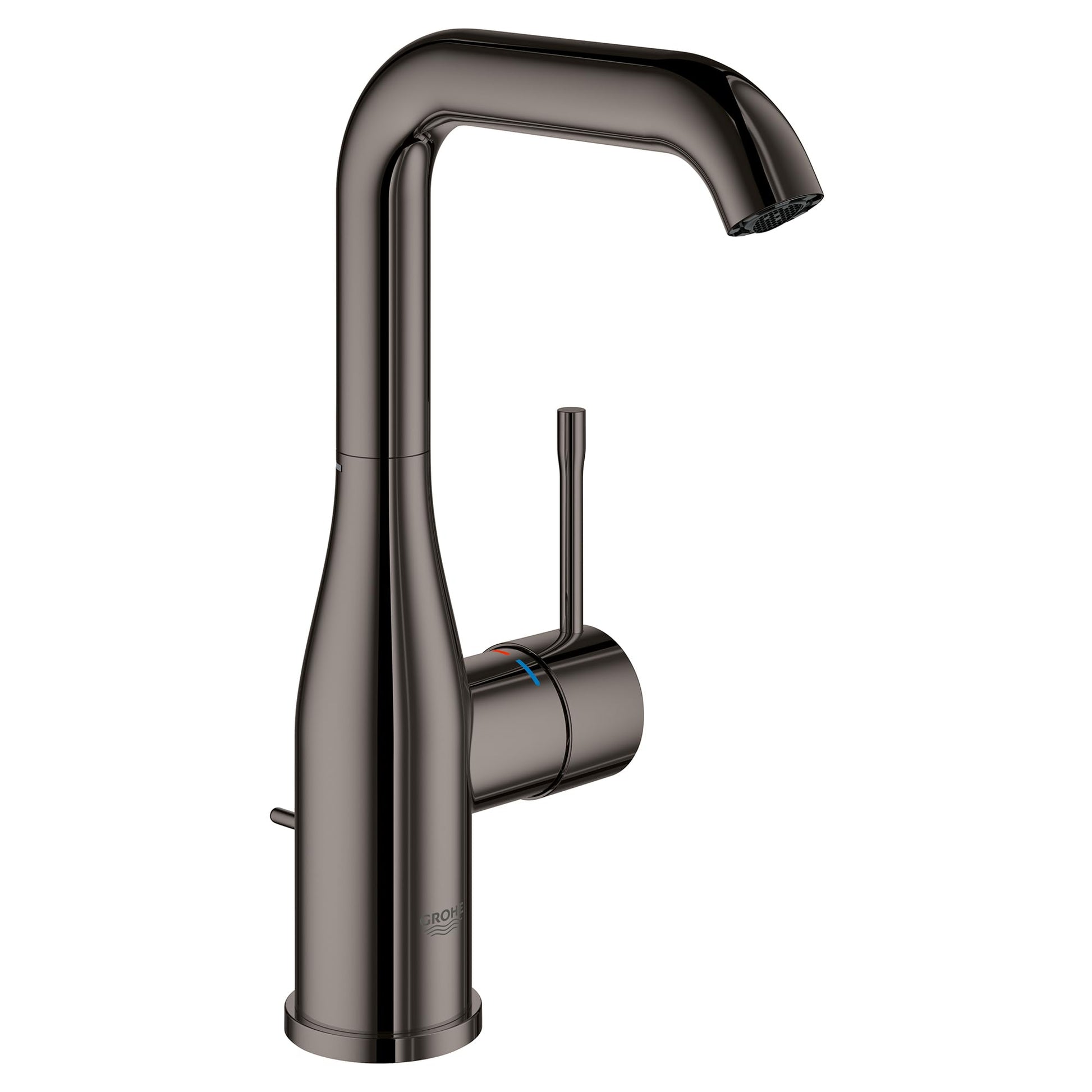 Dark graphite single-handle bathroom faucet with tall curved spout and cylindrical lever handle.