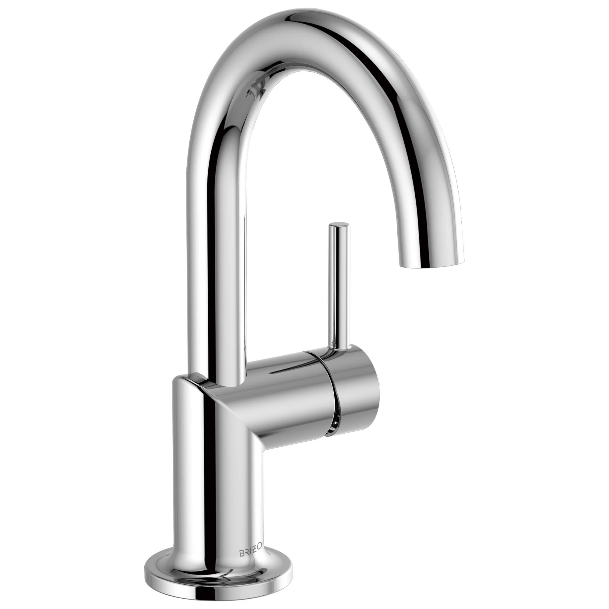 Chrome single-handle bathroom faucet with curved spout and cylindrical handle on round base.