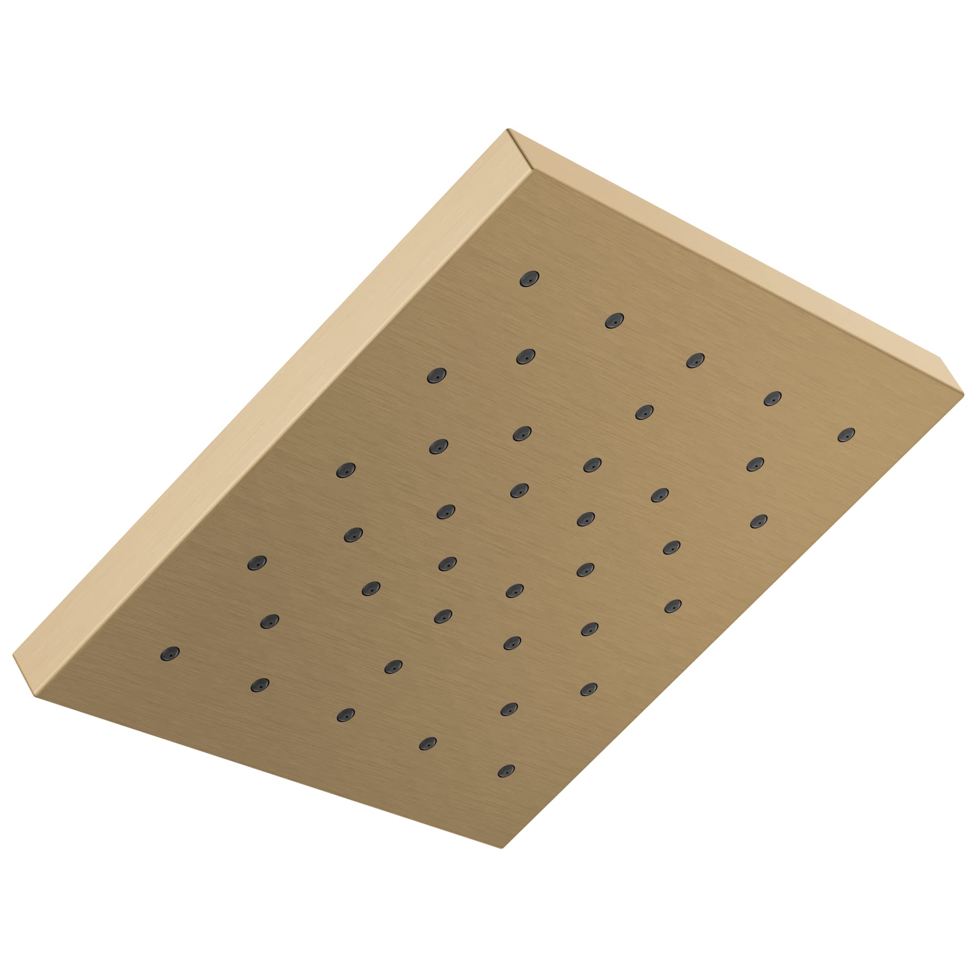 Square brushed bronze shower head with multiple water jets arranged in rows across the face.