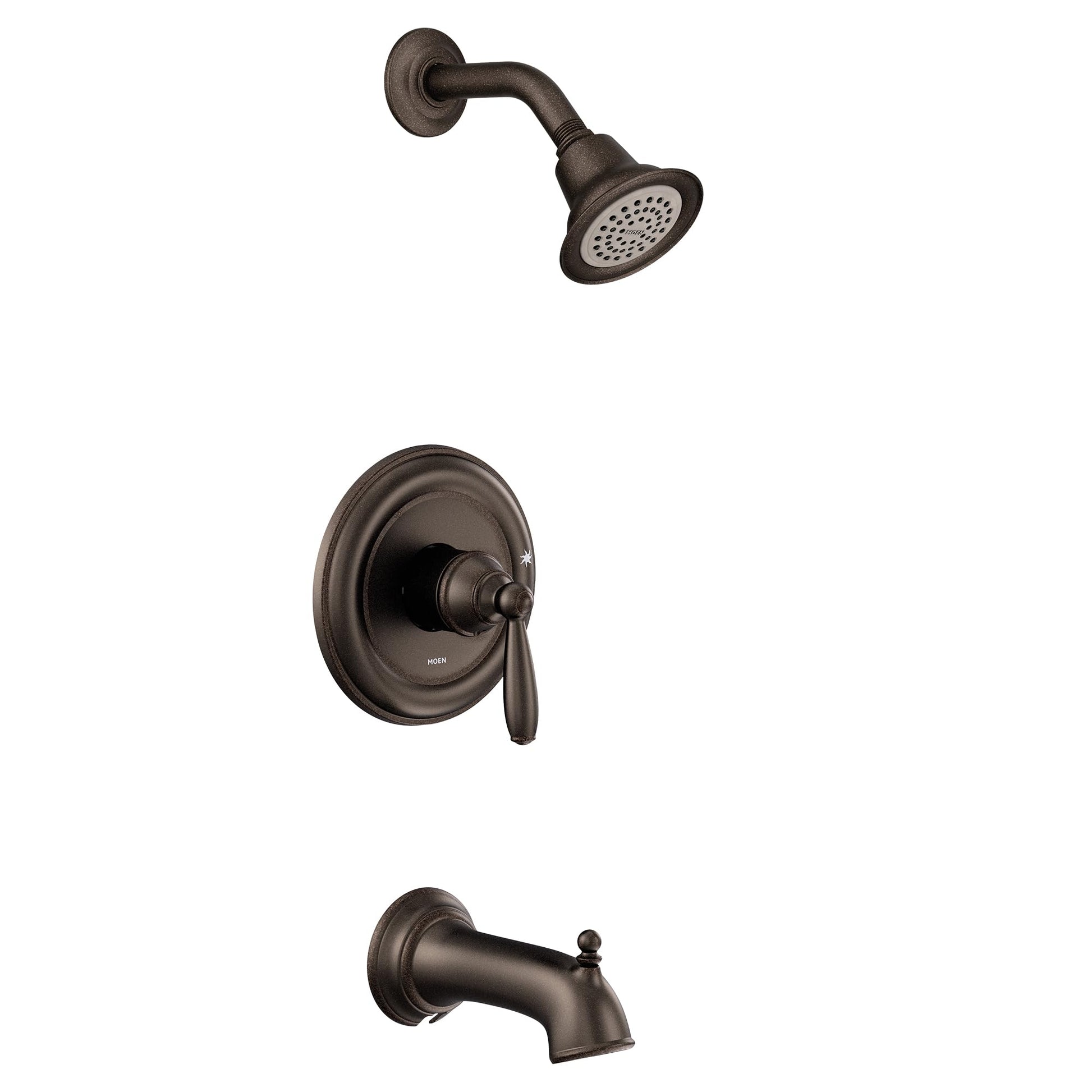 Oil rubbed bronze tub and shower trim kit with single lever handle, showerhead, and tub spout.