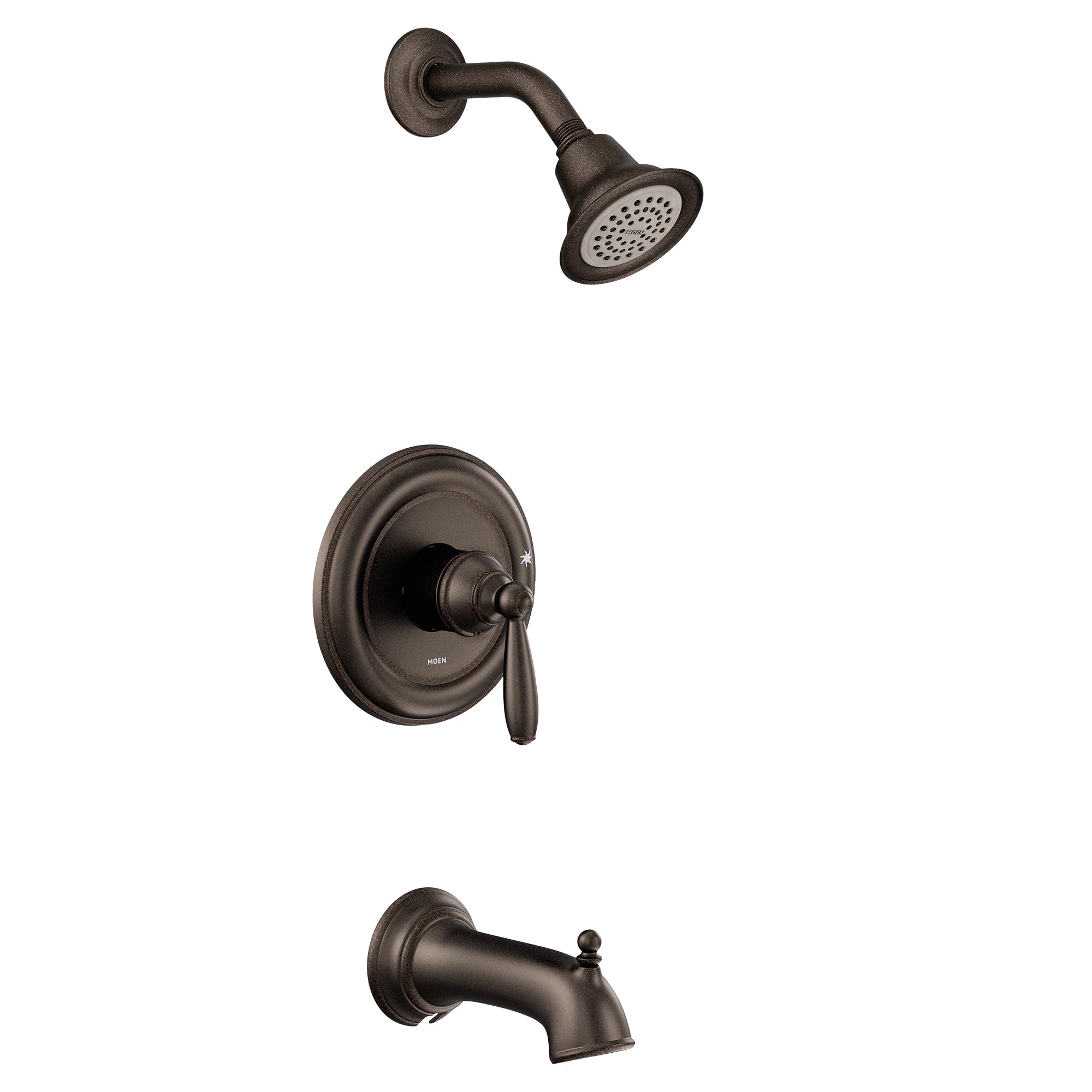 Oil rubbed bronze tub and shower trim kit with single lever handle, showerhead, and tub spout.